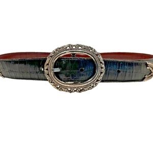 Brighton Black/Brown Croc Leather  Belt with Ornate Silver Buckle.  Size L